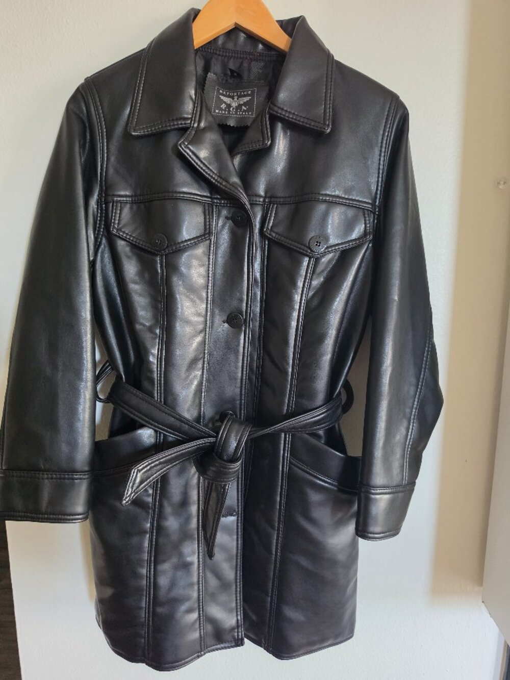 Reportage R.G.A. Black Genuine Leather Belted Trench Coat Italy Size M